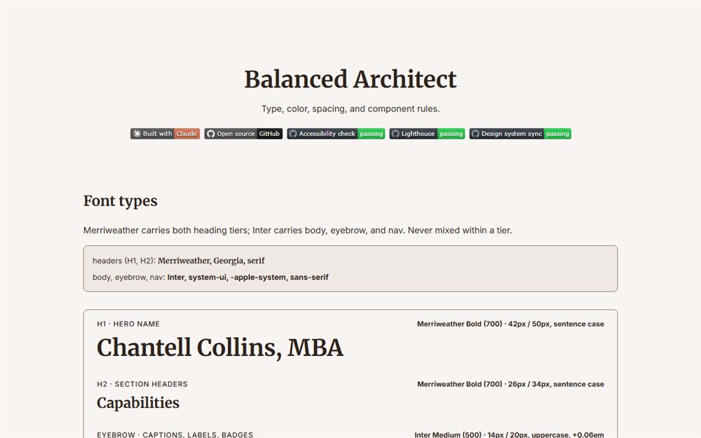 The chantellcollins.com design system page, with its type rules and passing accessibility, Lighthouse and sync badges